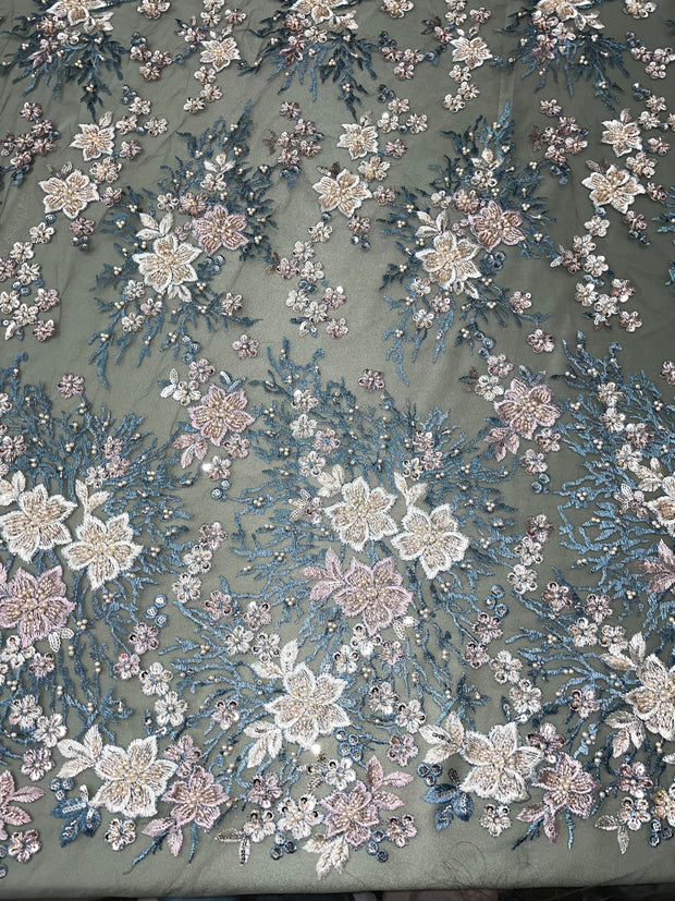 Flowers Pearls - Beaded Fabric