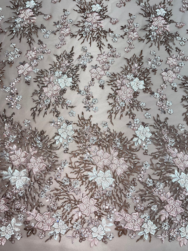 Flowers Pearls - Beaded Fabric