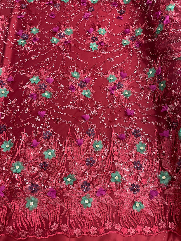 3D Multi Color hand beaded lace