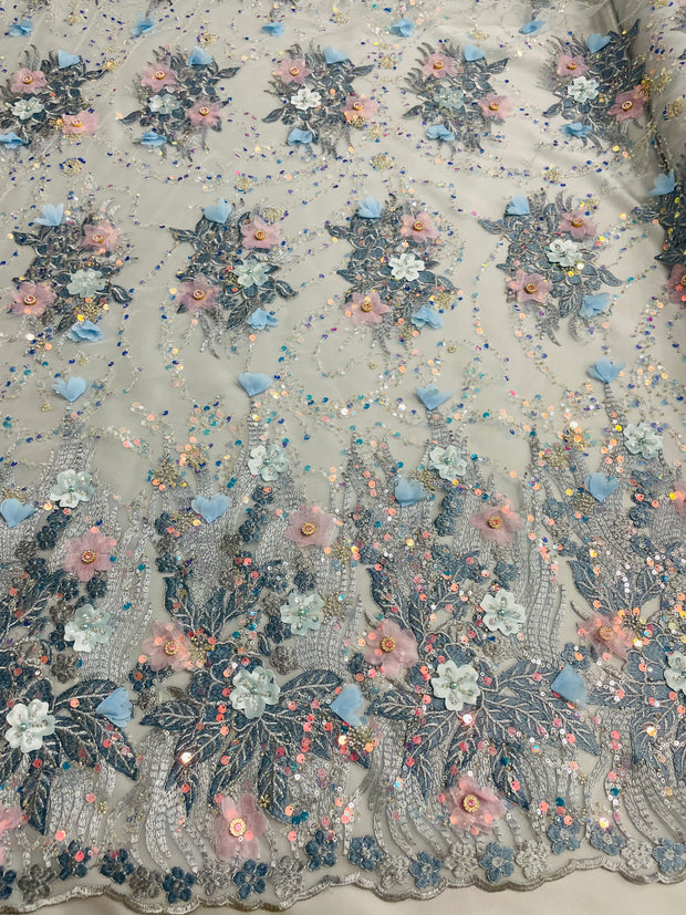 3D Multi Color hand beaded lace