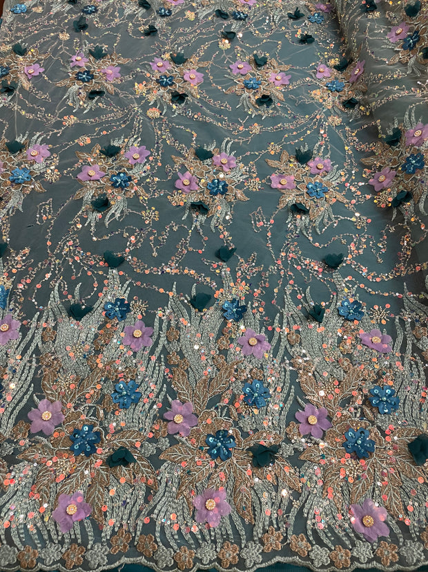 3D Multi Color hand beaded lace