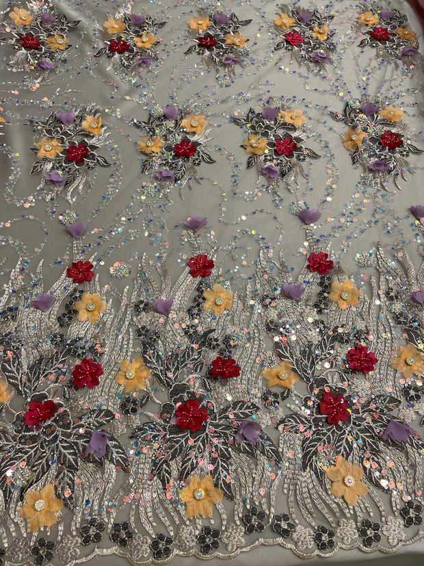 3D Multi Color hand beaded lace