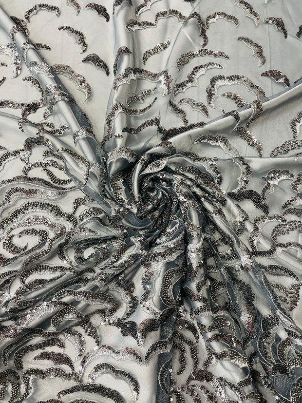 Hand Beaded Sequin Swirl Design on Mesh
