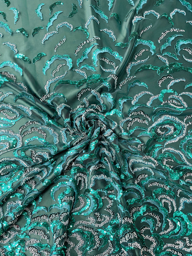 Hand Beaded Sequin Swirl Design on Mesh
