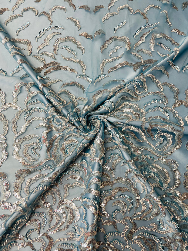 Hand Beaded Sequin Swirl Design on Mesh