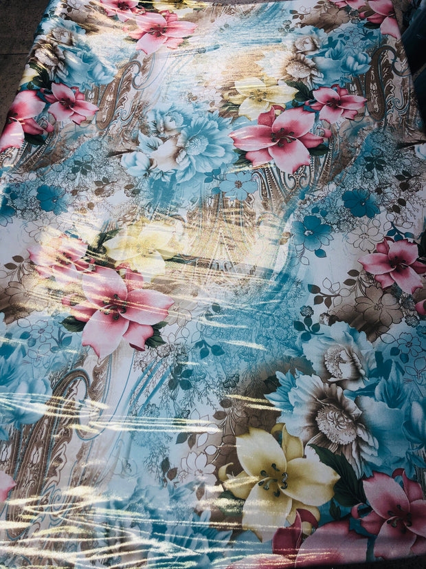 Silky floral printed polyester lame