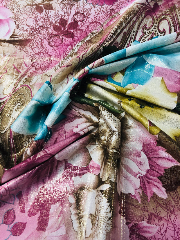 Silky floral printed polyester lame
