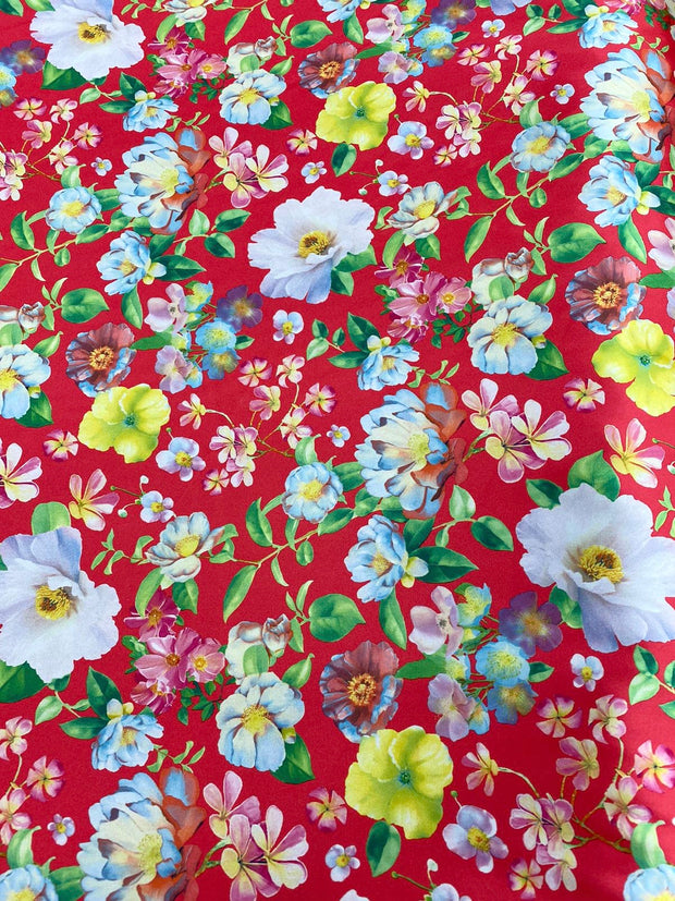 Cherry Red Floral Stretch Satin