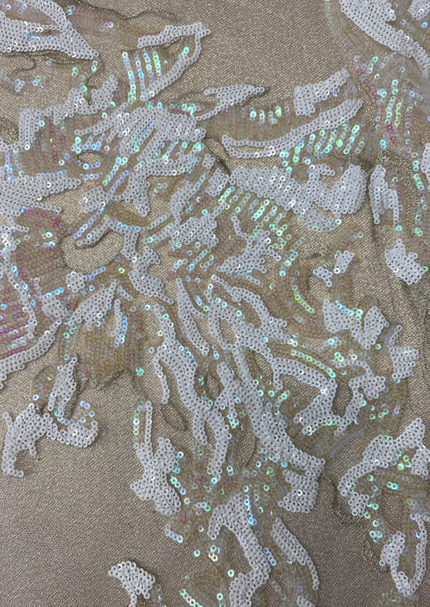 Firecracker Holographic Sequin Appliques on Nude Illusion mesh- 2 way stretch and 60" wide