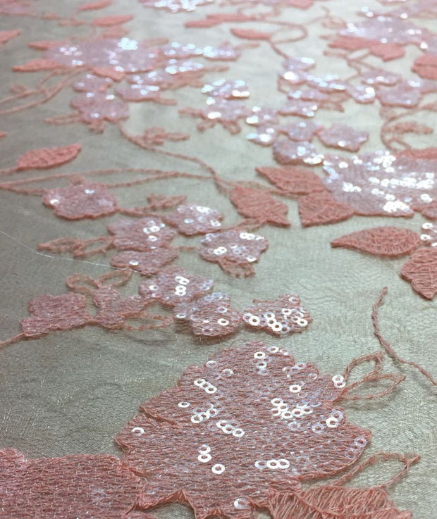 Peach Sequin French Lace