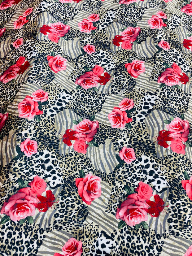 Roses on Cheetah Print Stretch Satin